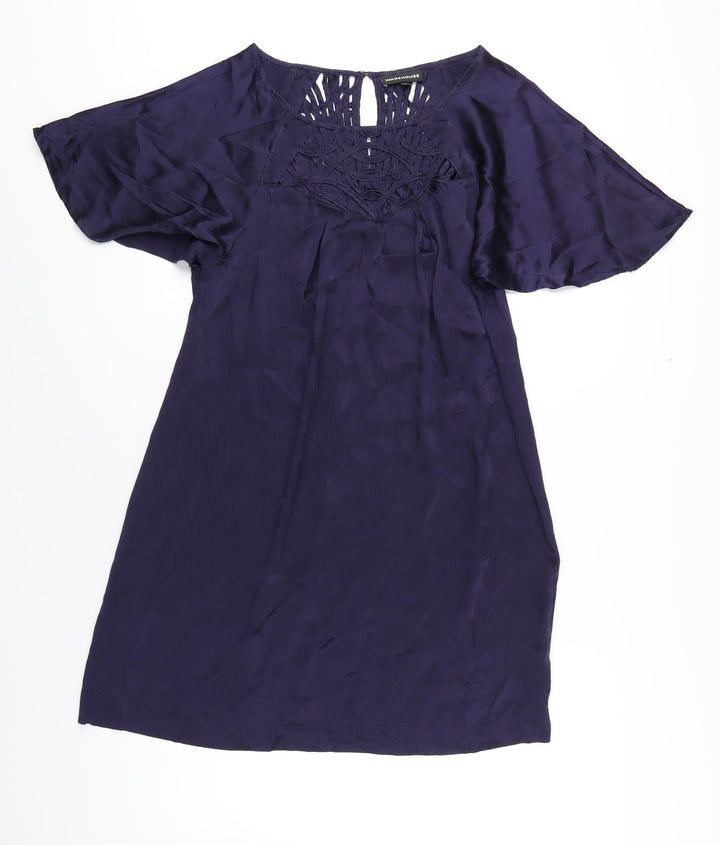 Warehouse Womens Blue Silk A-Line Size 14 Round Neck Pullover