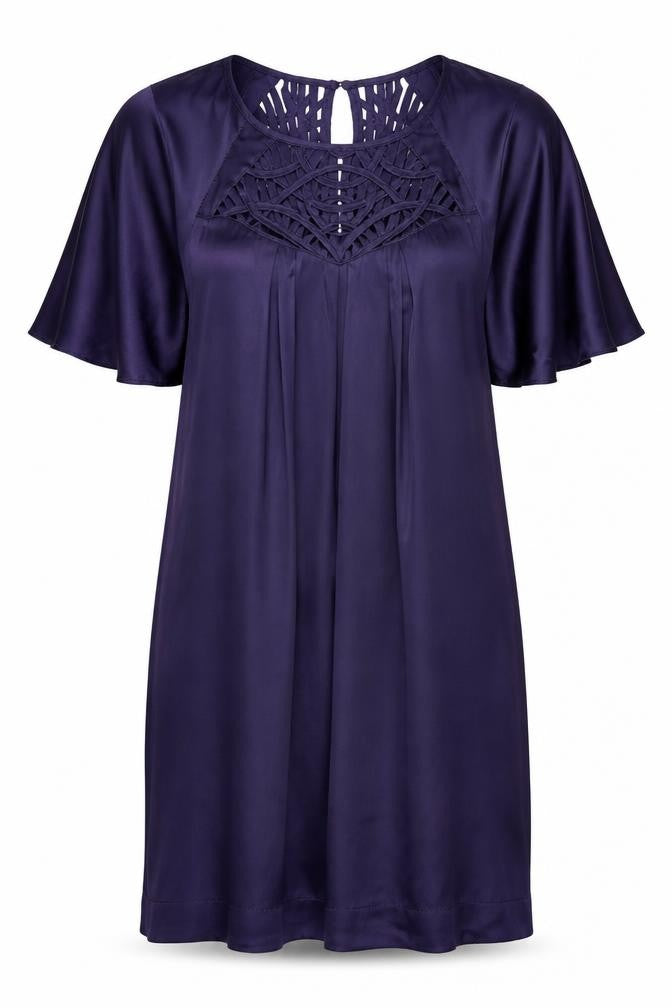 Front view of Warehouse women’s blue silk a-line, size UK 14, round neck pullover
