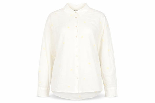 Front view of Pimkie women’s white geometric cotton basic button-up, size UK 12, collared