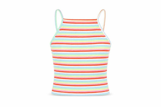 Front view of New Look women’s multicoloured striped polyester camisole t-shirt, size UK 12, square neck