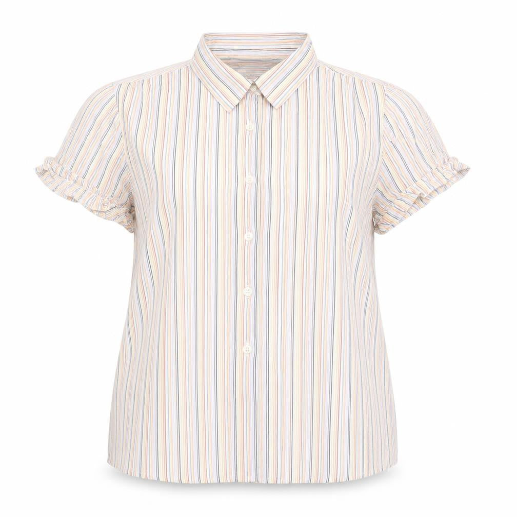 Front view of Topshop women’s multicoloured striped cotton basic button-up, size UK 10, collared