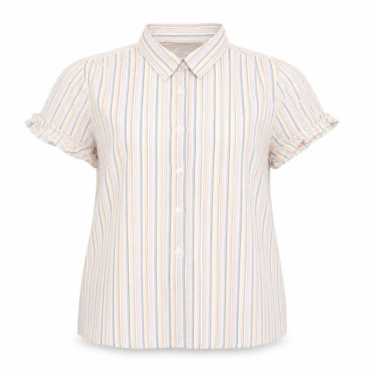 Front view of Topshop women’s multicoloured striped cotton basic button-up, size UK 10, collared