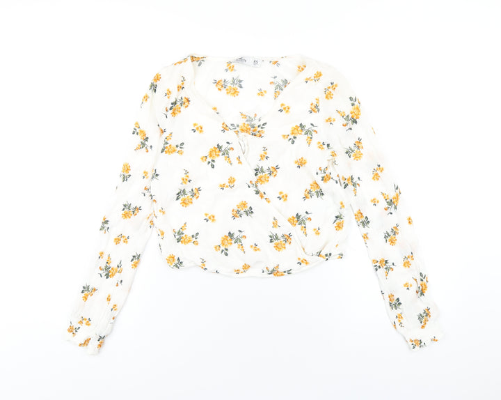 Hollister Womens White Floral Viscose Basic T-Shirt Size XS V-Neck