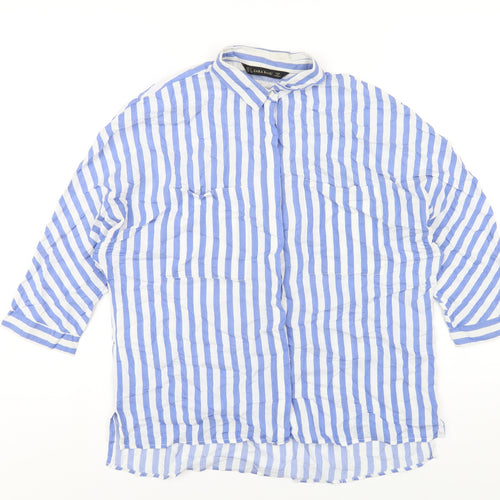 Zara Womens Blue Striped Polyester Basic Button-Up Size S Collared