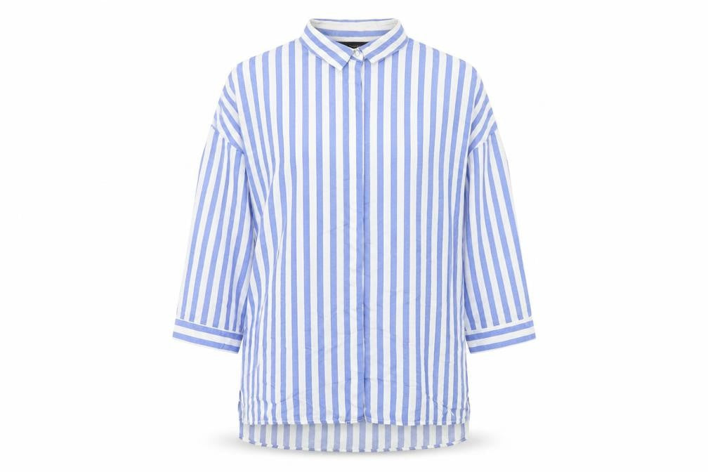Front view of Zara women’s blue striped polyester basic button-up, size S, collared