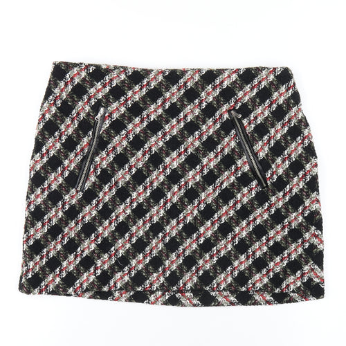 Zara Womens Multicoloured Plaid Cotton A-Line Skirt Size L Zip