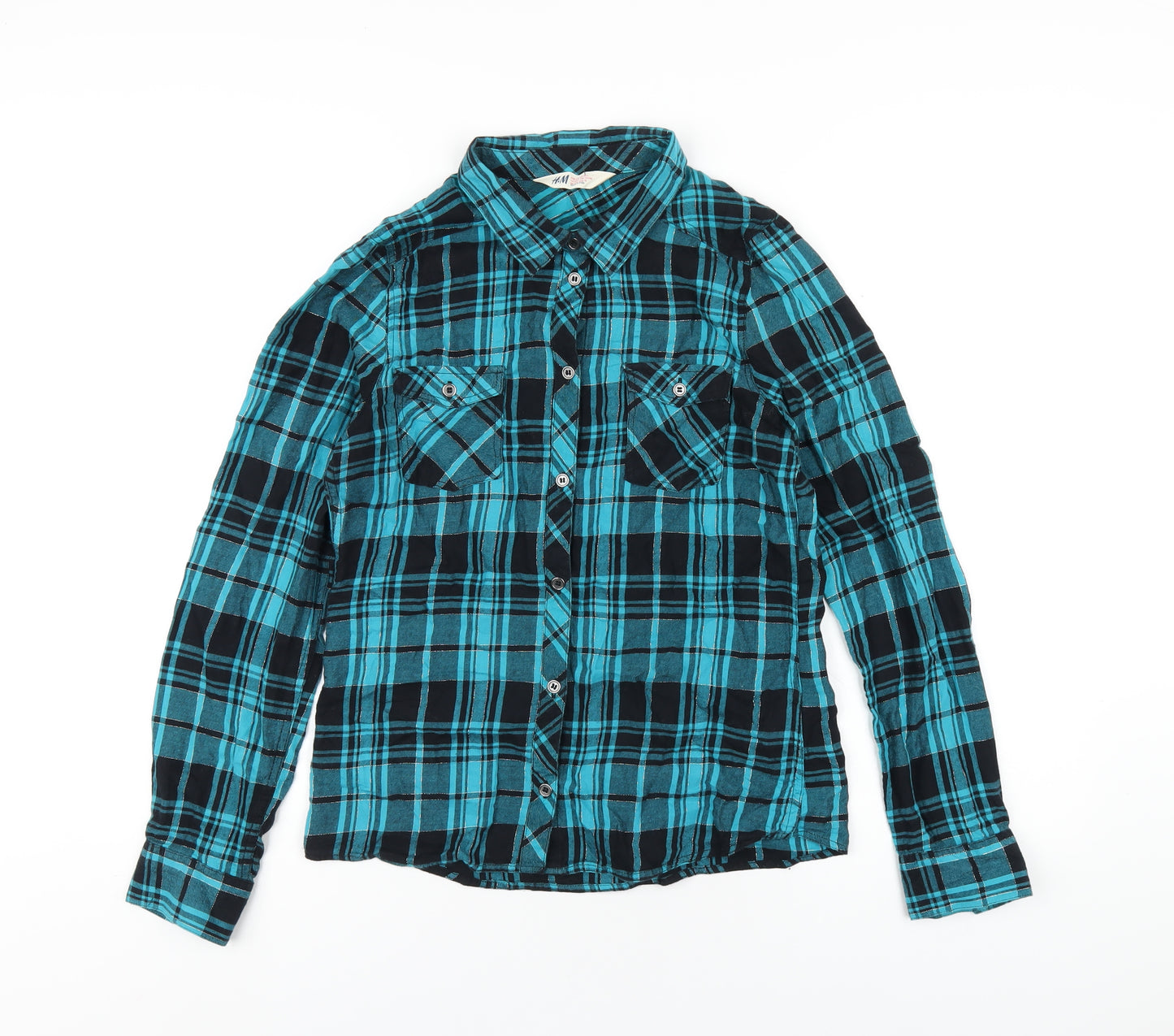 H&M Girls Blue Plaid Cotton Basic Button-Up Size 14 Years Collared Button