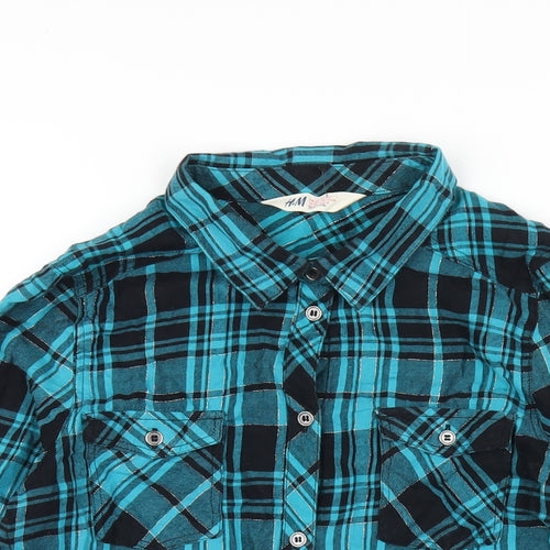 H&M Girls Blue Plaid Cotton Basic Button-Up Size 14 Years Collared Button