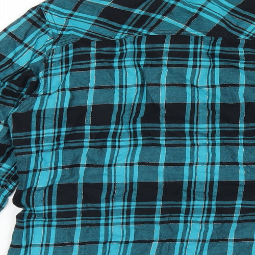 H&M Girls Blue Plaid Cotton Basic Button-Up Size 14 Years Collared Button