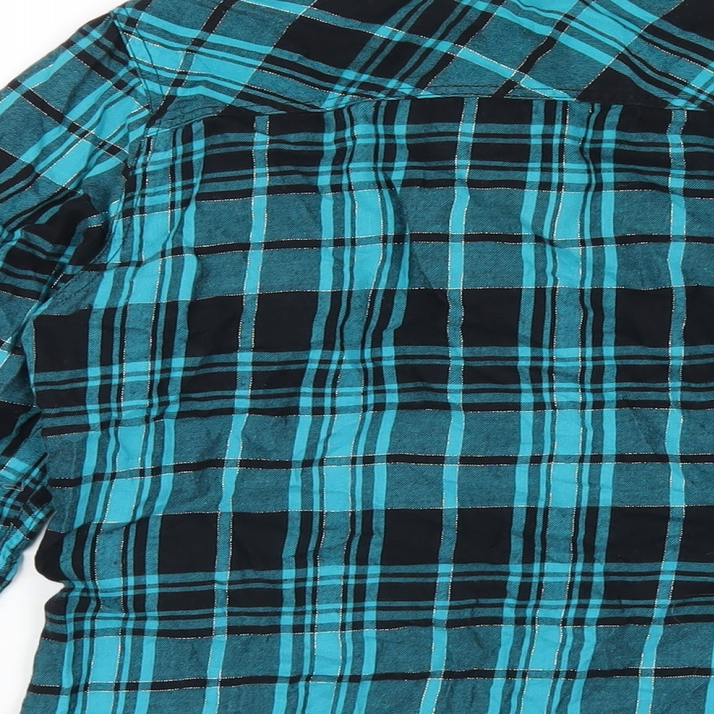 H&M Girls Blue Plaid Cotton Basic Button-Up Size 14 Years Collared Button