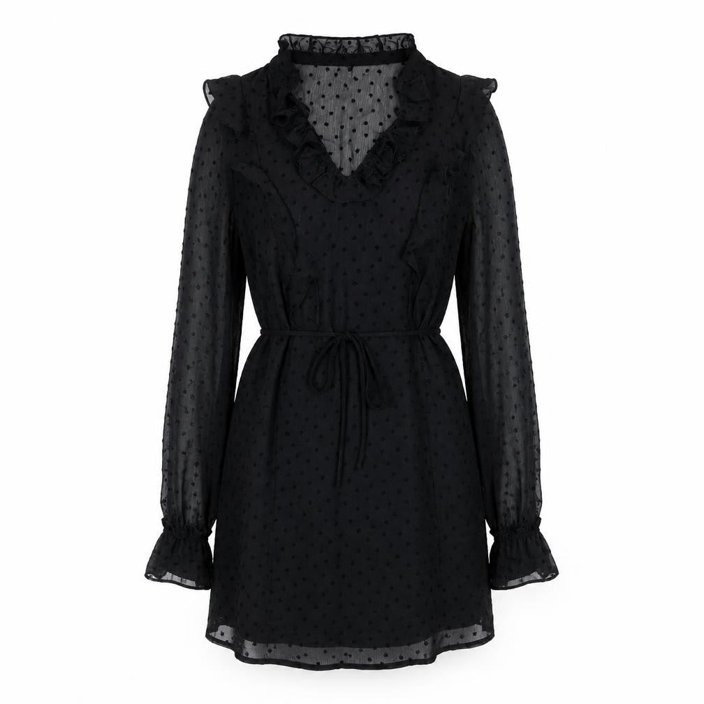 Front view of H&M women’s black polyester a-line, size UK 6, v-neck pullover