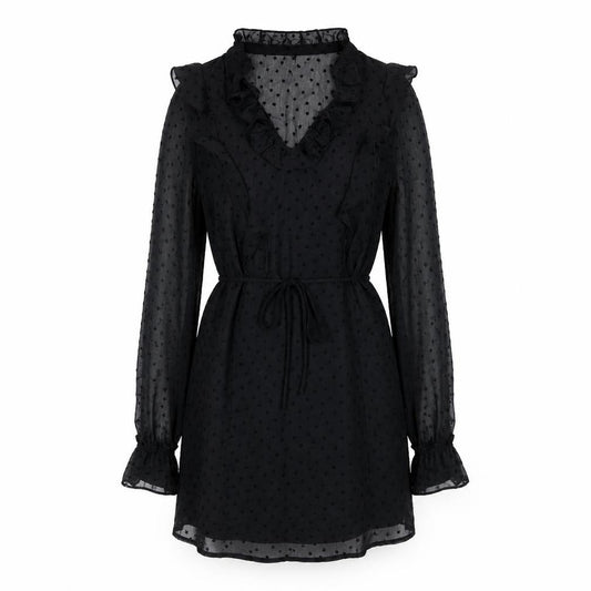 Front view of H&M women’s black polyester a-line, size UK 6, v-neck pullover