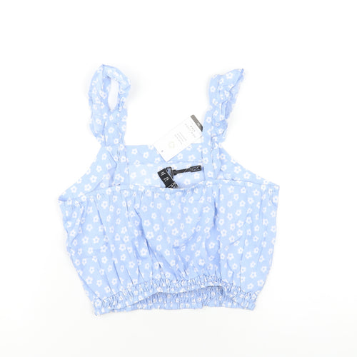 New Look Girls Blue Floral Polyester Cropped Polo Size 14 Years Square Neck Pullover