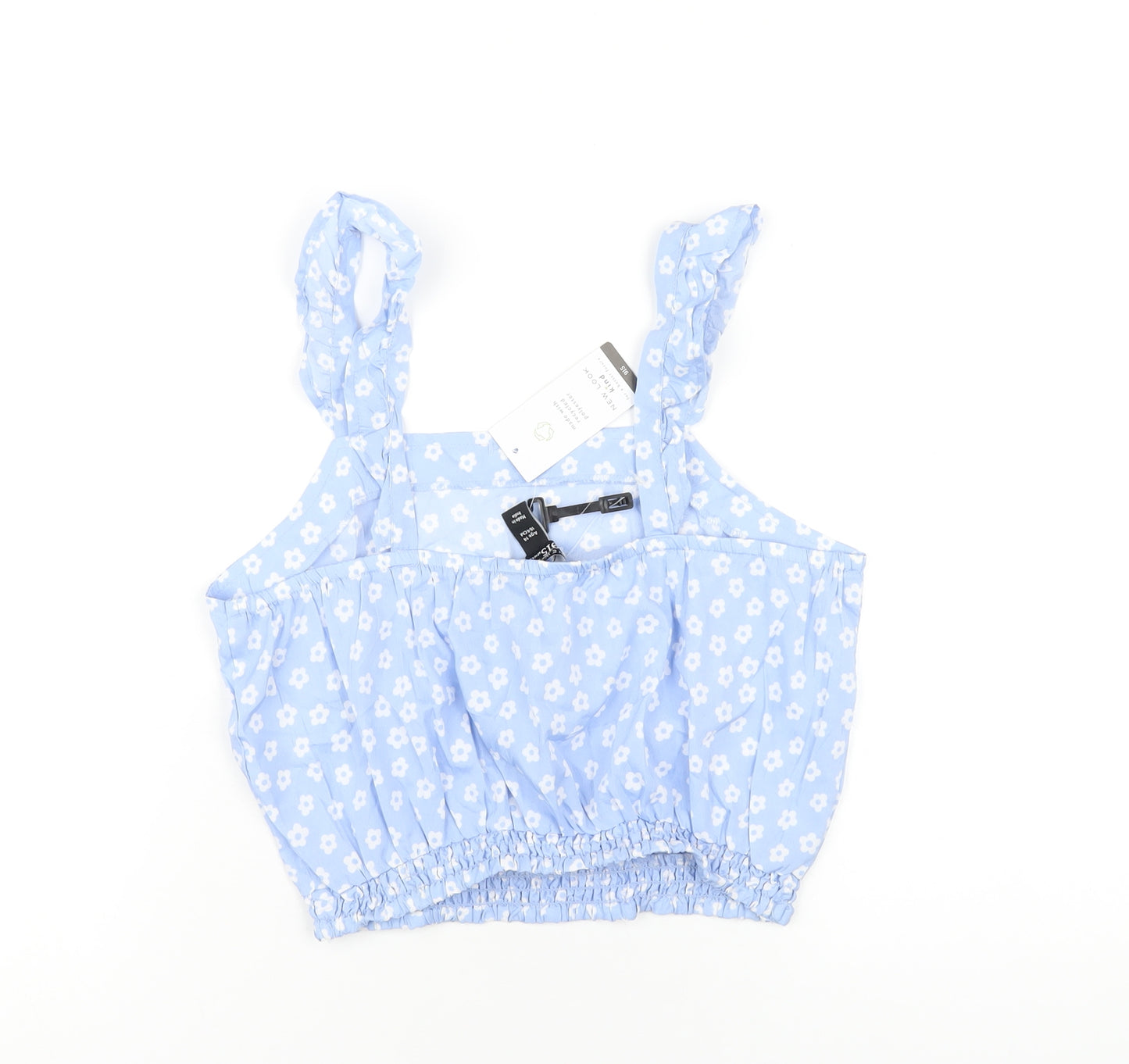New Look Girls Blue Floral Polyester Cropped Polo Size 14 Years Square Neck Pullover