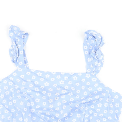 New Look Girls Blue Floral Polyester Cropped Polo Size 14 Years Square Neck Pullover
