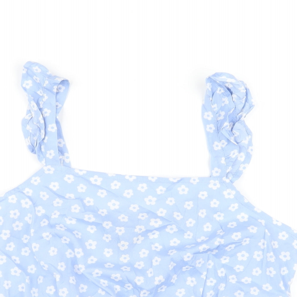 New Look Girls Blue Floral Polyester Cropped Polo Size 14 Years Square Neck Pullover