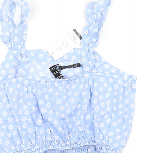 New Look Girls Blue Floral Polyester Cropped Polo Size 14 Years Square Neck Pullover