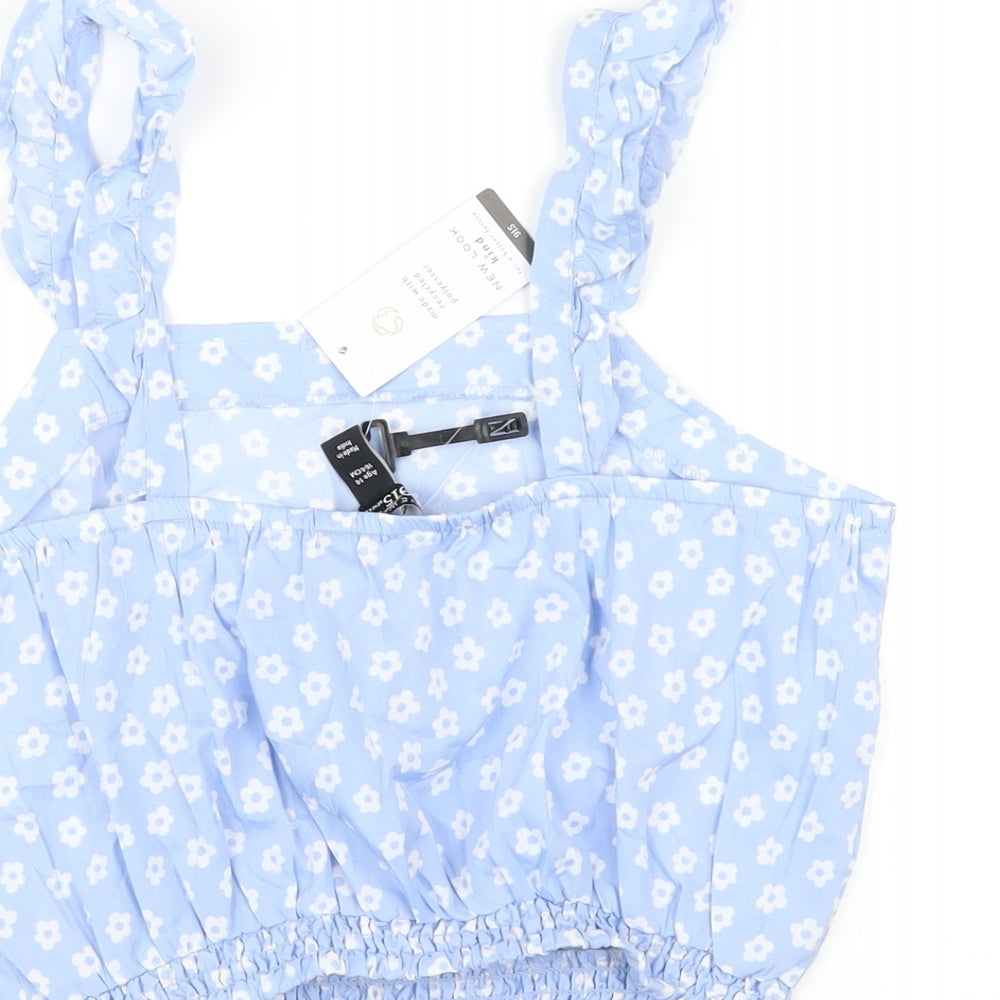 New Look Girls Blue Floral Polyester Cropped Polo Size 14 Years Square Neck Pullover