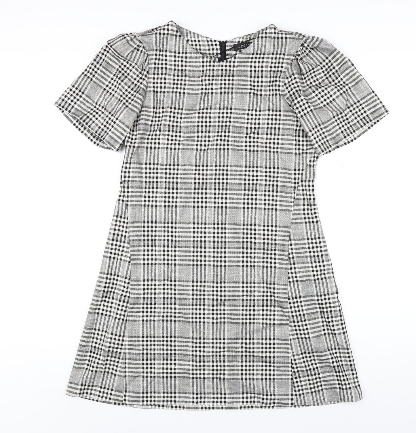 Zara Womens Grey Plaid Viscose A-Line Size S Round Neck Zip