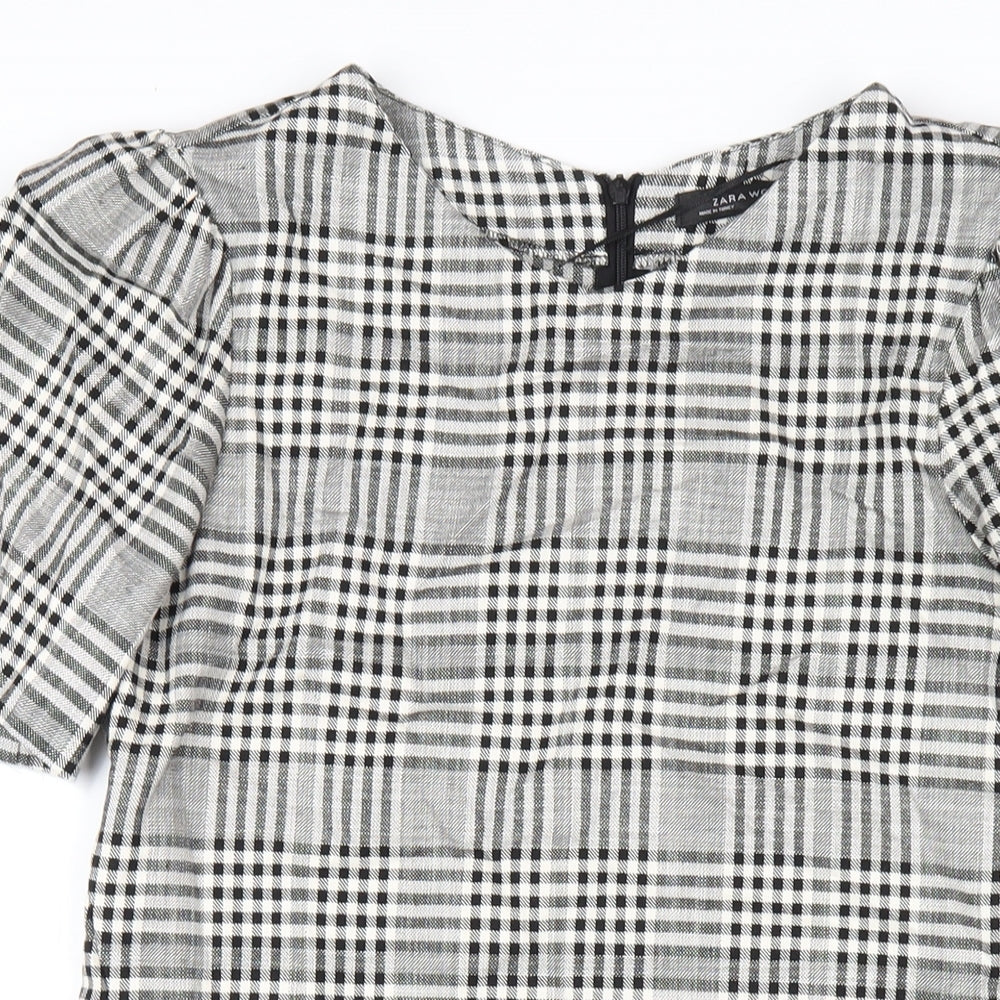 Zara Womens Grey Plaid Viscose A-Line Size S Round Neck Zip