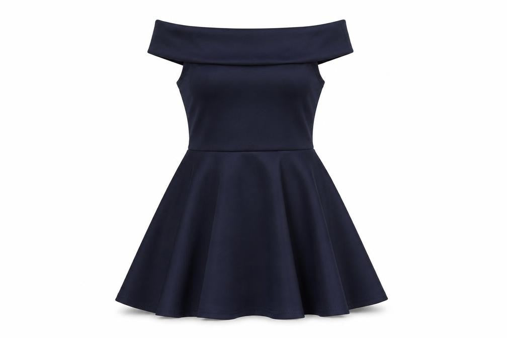 Front view of Boohoo women’s blue polyester a-line, size UK 8, off the shoulder pullover