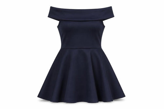 Front view of Boohoo women’s blue polyester a-line, size UK 8, off the shoulder pullover