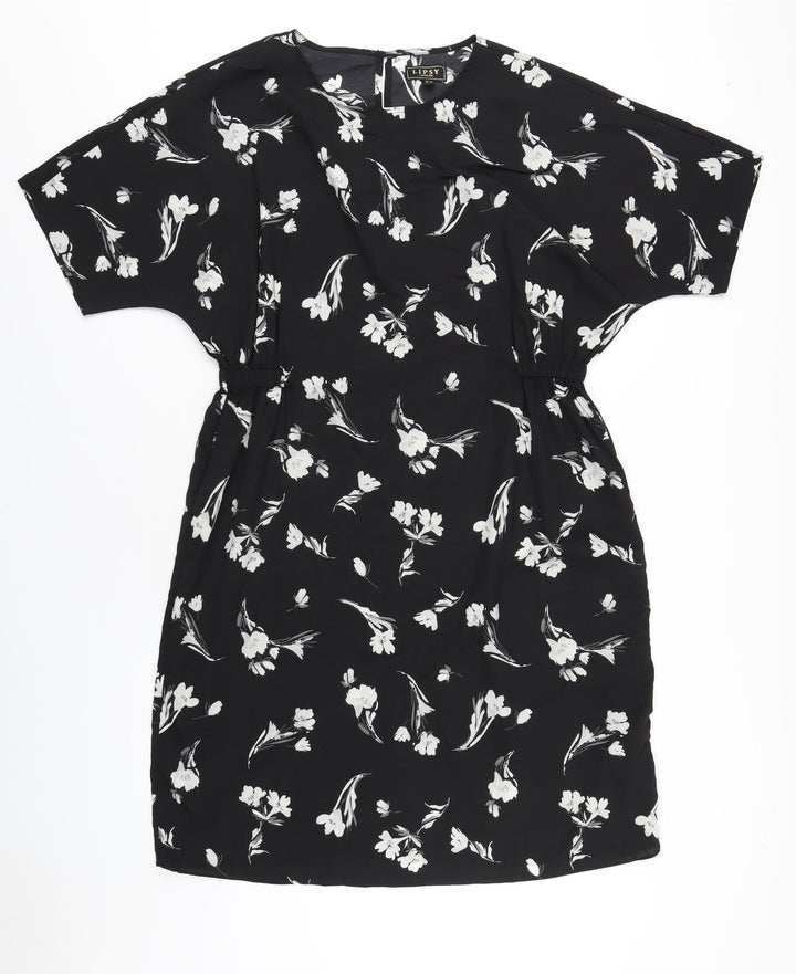 Lipsy Womens Black Floral Polyester A-Line Size 14 Round Neck Button