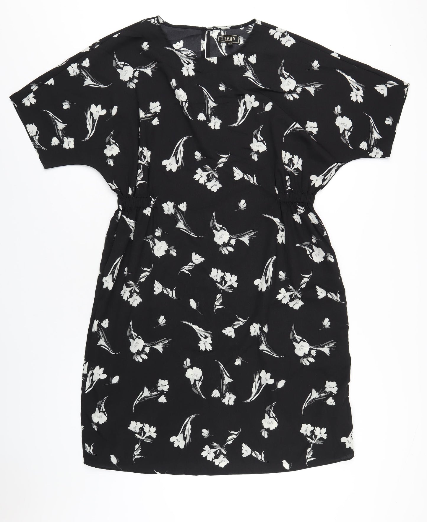 Lipsy Womens Black Floral Polyester A-Line Size 14 Round Neck Button