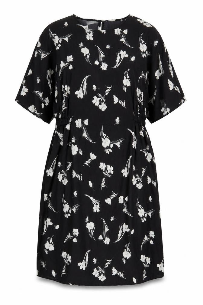 Front view of Lipsy women’s black floral polyester a-line, size UK 14, round neck button
