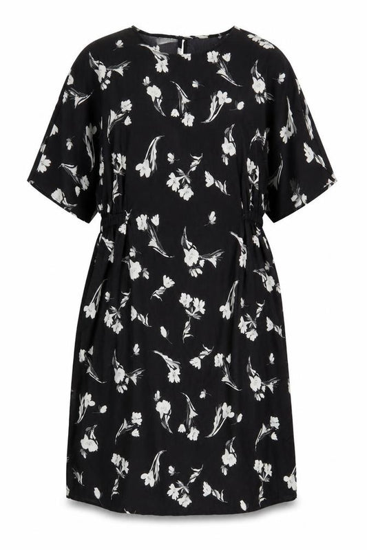 Front view of Lipsy women’s black floral polyester a-line, size UK 14, round neck button