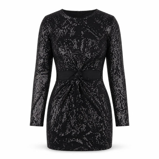 Front view of H&M women’s black polyester mini, size S, round neck pullover