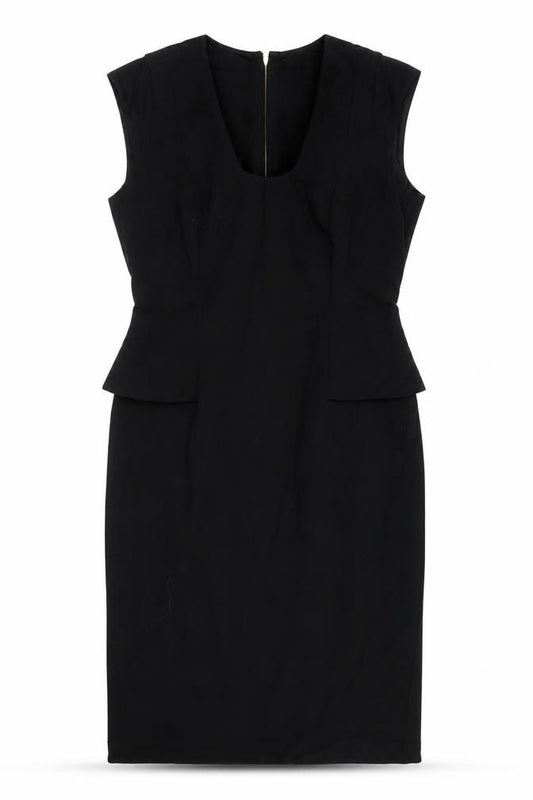 Front view of 14 women’s black viscose pencil dress, size UK 14, scoop neck zip