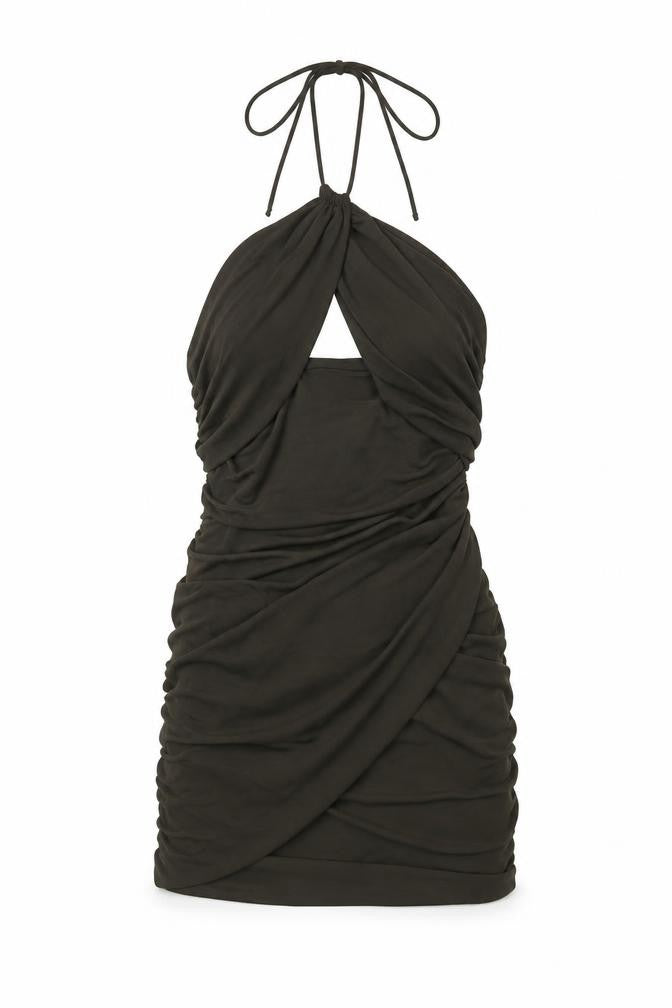 Front view of Zara women’s green polyester mini, size S, halter pullover