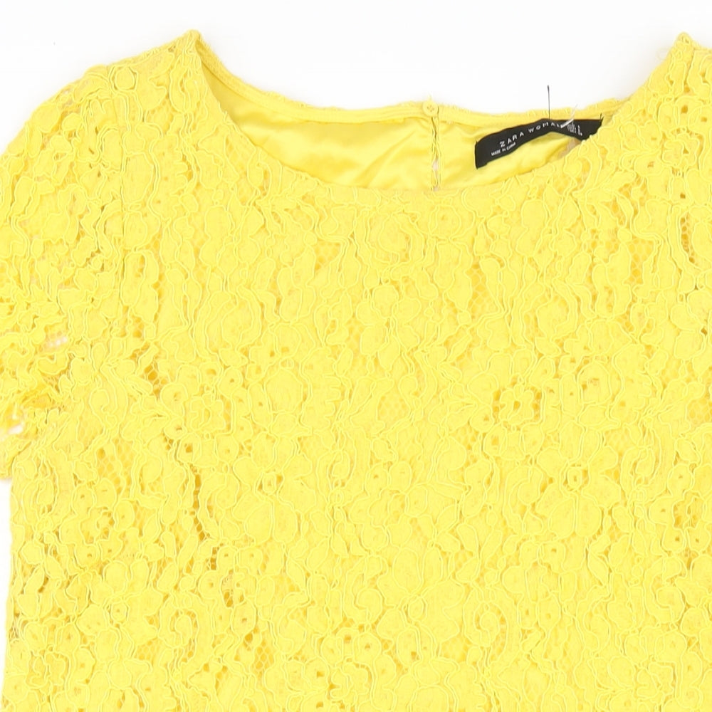 Zara Womens Yellow Polyester A-Line Size L Round Neck Pullover