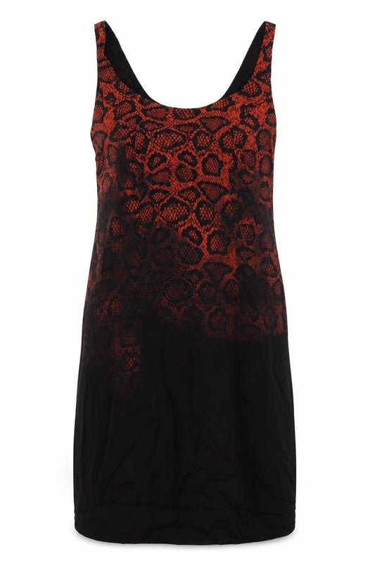 Front view of Mint Velvet women’s black animal print polyester tank dress, size UK 8, scoop neck pullover - snake print