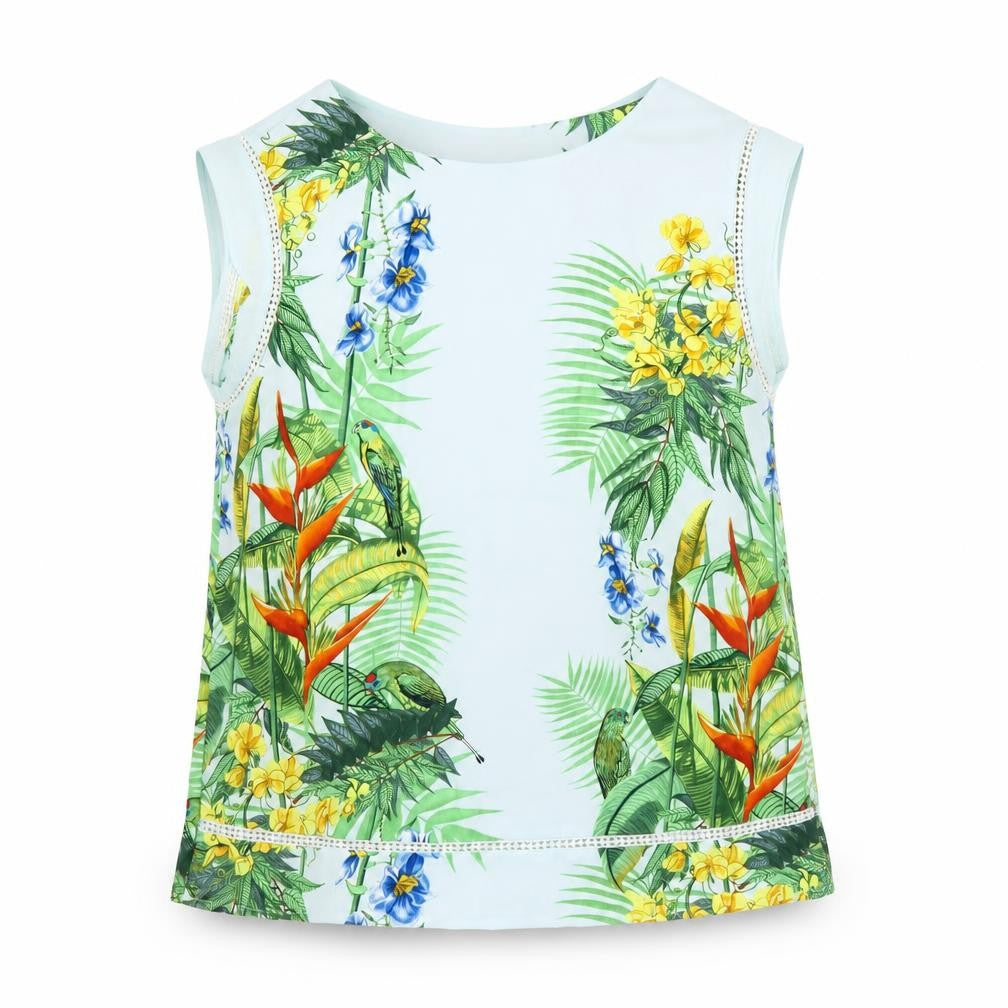 Front view of Oasis women’s multicoloured geometric polyester basic t-shirt, size UK 10, round neck