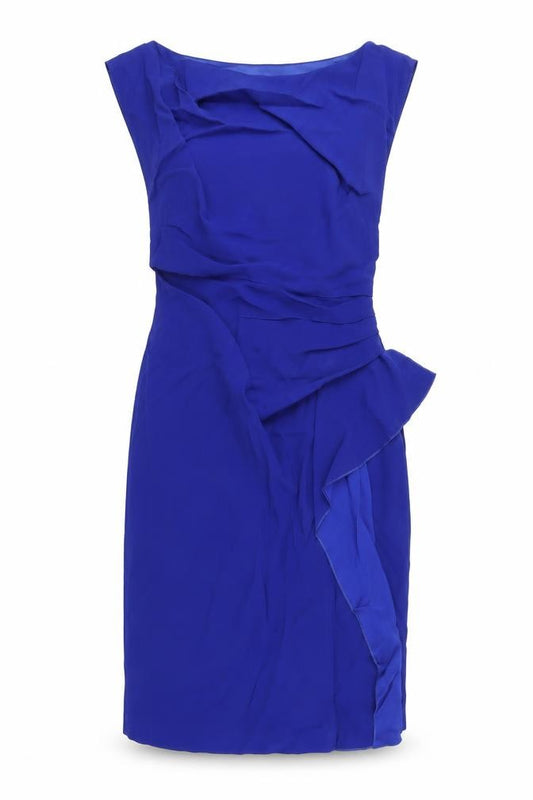 Front view of Coast women’s blue acetate pencil dress, size UK 12, round neck zip