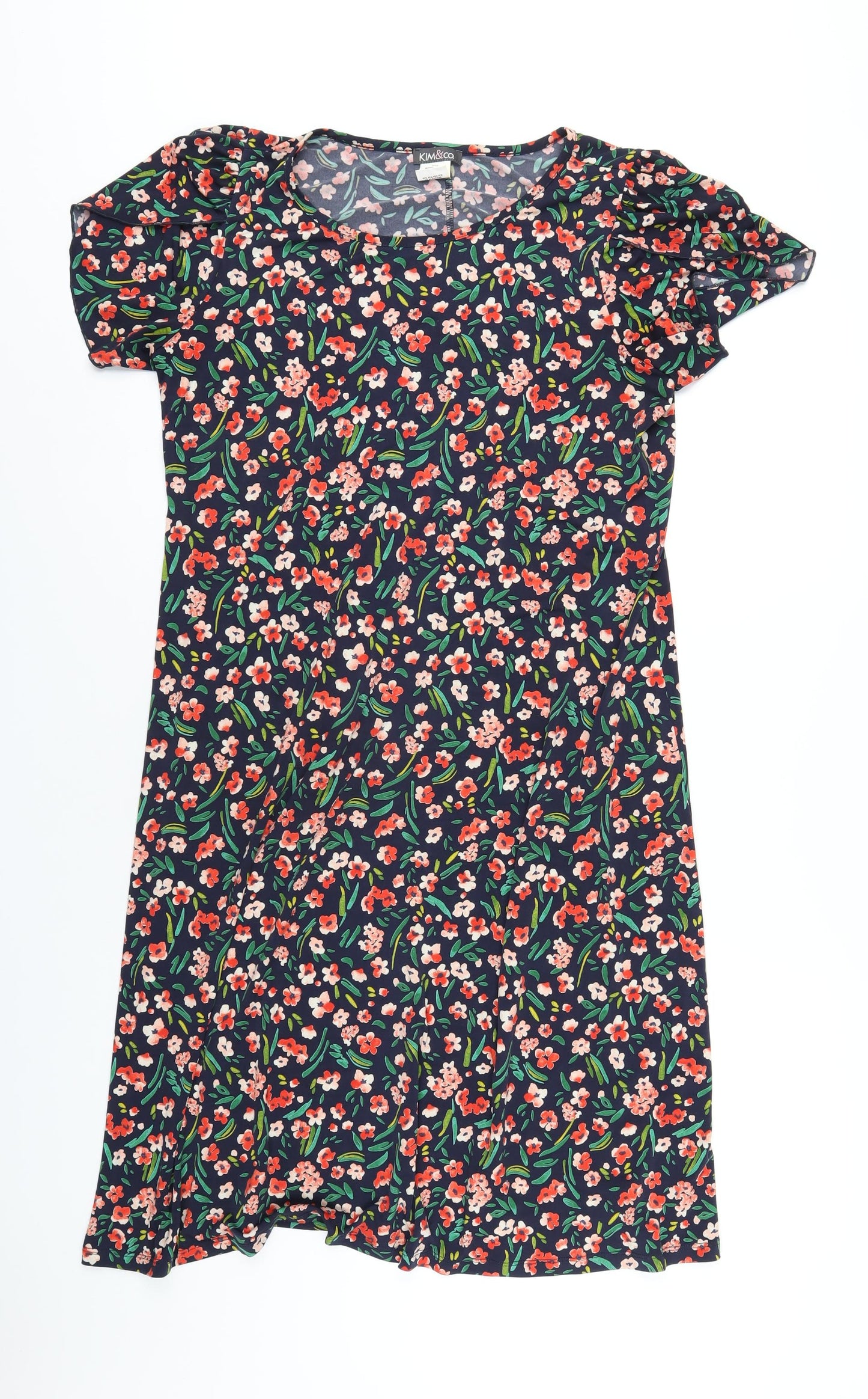 Kim&Co Womens Blue Floral Polyester A-Line Size L Round Neck Pullover