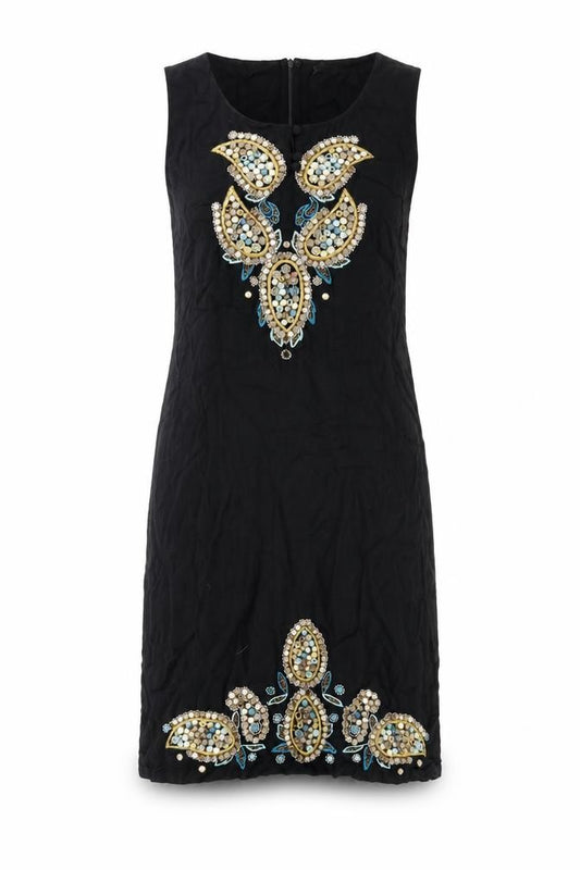 Front view of Monsoon women’s black viscose tank dress, size UK 12, round neck zip
