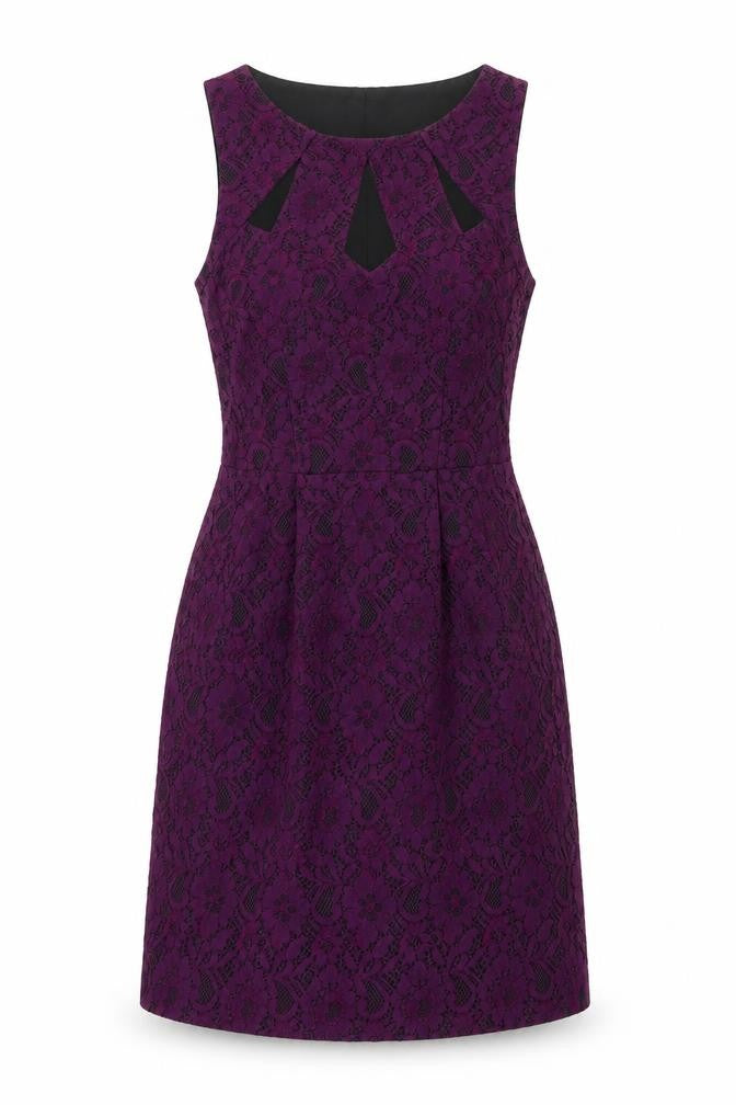 Front view of Oasis women’s purple polyester a-line, size UK 8, round neck zip