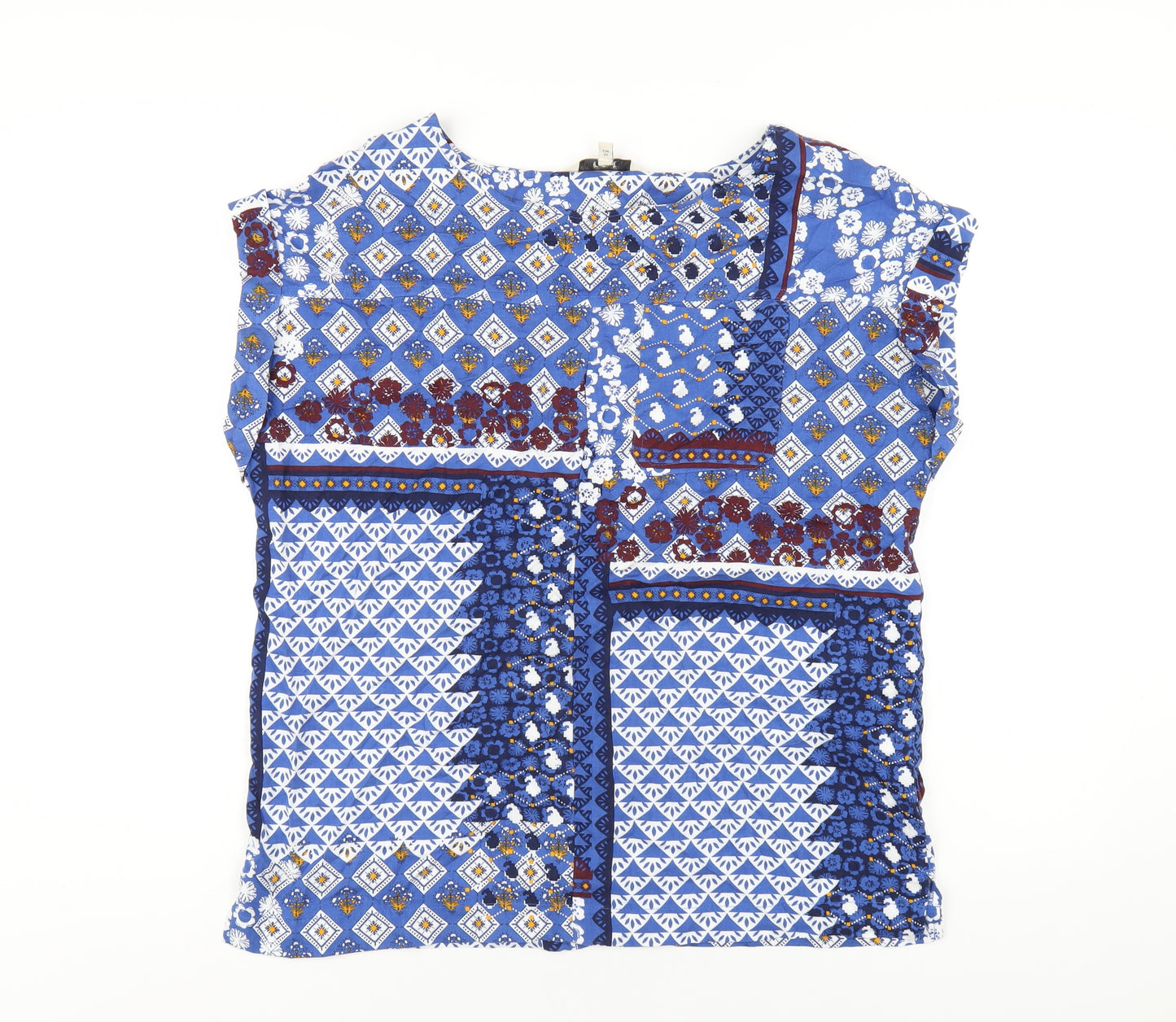 NEXT Womens Blue Geometric Viscose Basic T-Shirt Size 14 Round Neck