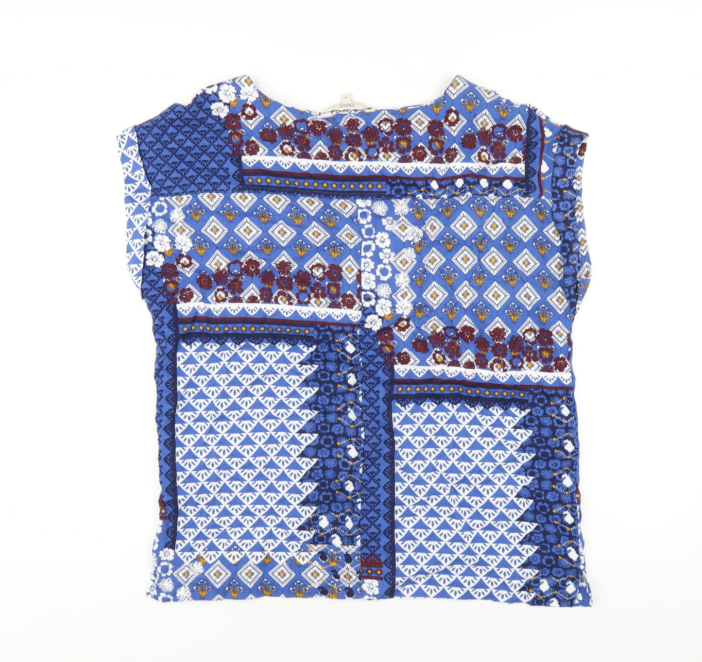 NEXT Womens Blue Geometric Viscose Basic T-Shirt Size 14 Round Neck