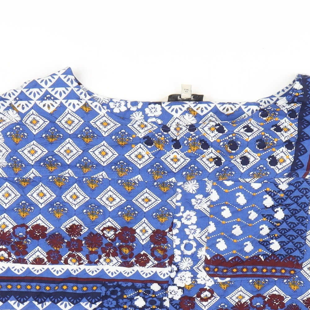 NEXT Womens Blue Geometric Viscose Basic T-Shirt Size 14 Round Neck