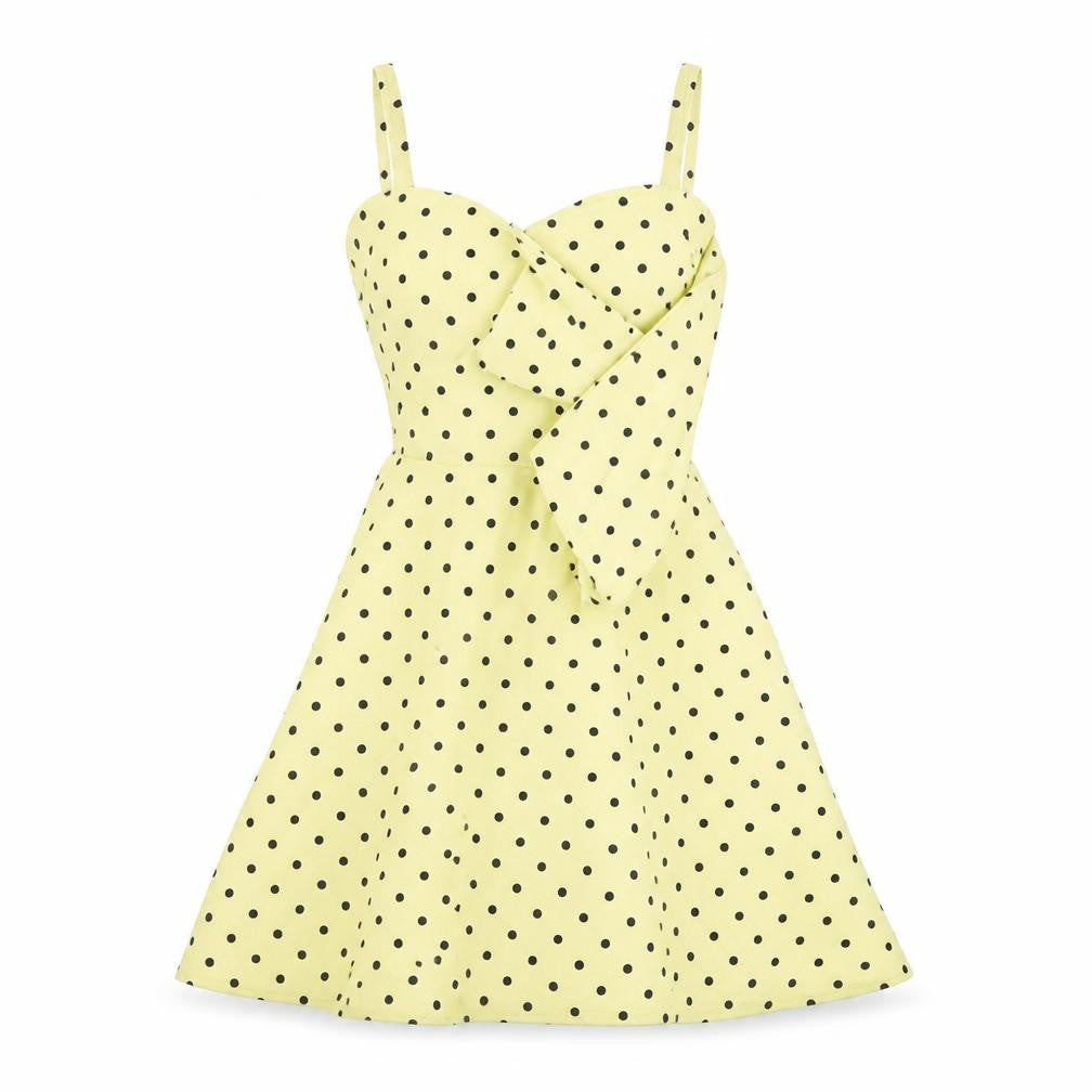 Front view of Boohoo women’s yellow polka dot polyester a-line, size UK 8, sweetheart pullover