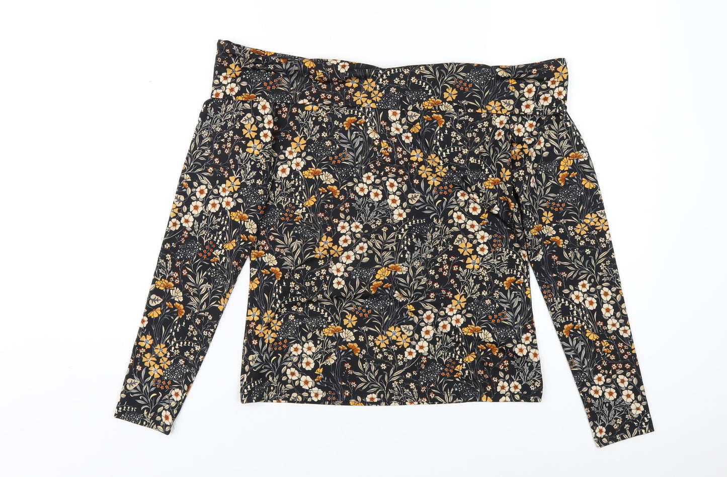 H&M Womens Black Floral Polyester Basic T-Shirt Size M Off the Shoulder