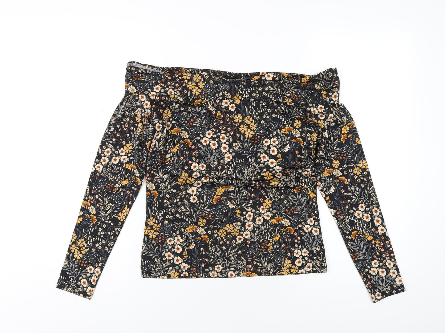 H&M Womens Black Floral Polyester Basic T-Shirt Size M Off the Shoulder