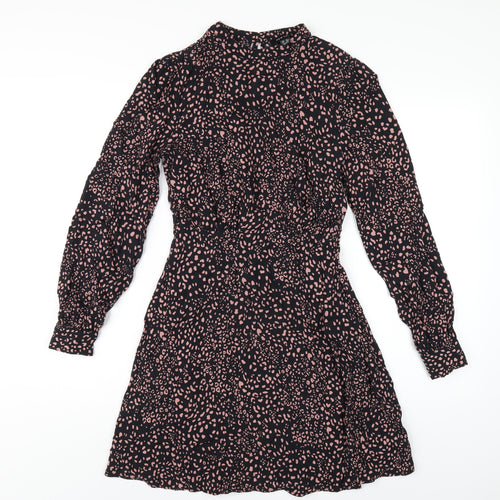 New Look Womens Black Geometric Viscose A-Line Size 8 Mock Neck Button