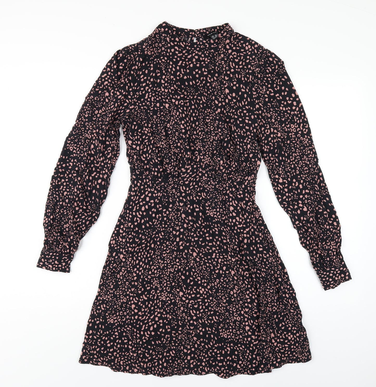 New Look Womens Black Geometric Viscose A-Line Size 8 Mock Neck Button