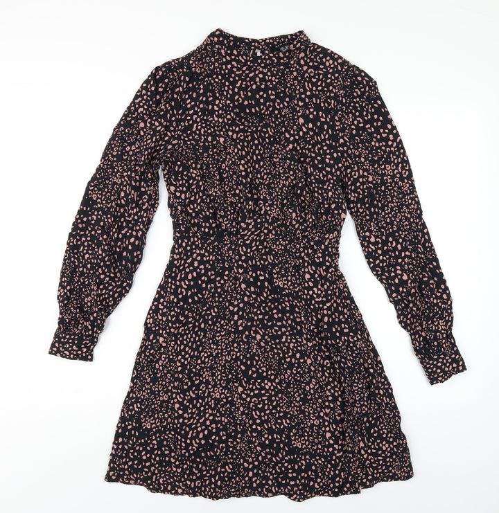 New Look Womens Black Geometric Viscose A-Line Size 8 Mock Neck Button