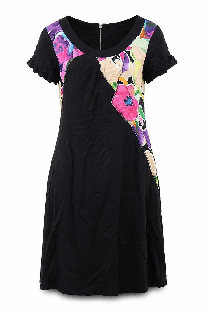 Front view of ESCADA women’s multicoloured geometric cotton a-line, size UK 12, round neck zip
